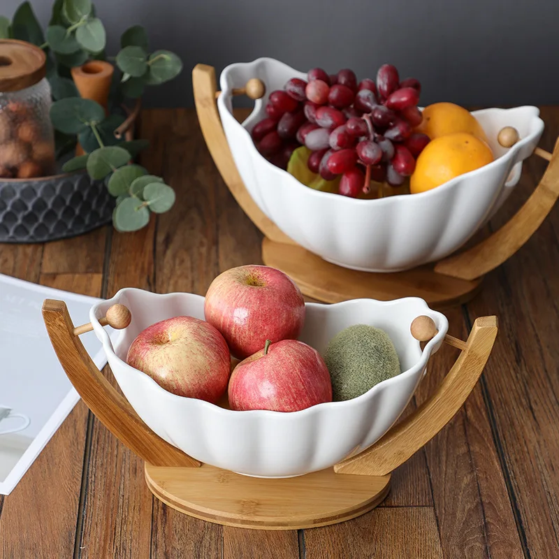 HANGING CERAMIC SALAD BOWL WITH BAMBOO STAND PORCELAIN FRUIT DESSERT TABLEWARE