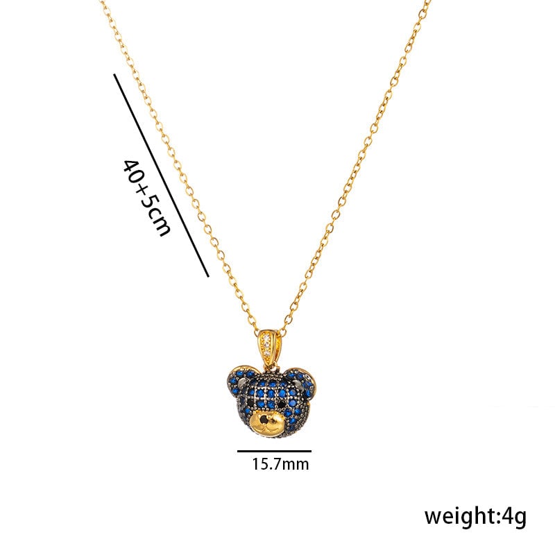Simple And Fashionable 18K Gold-Plated Colorful Bear Necklace For Women With Full Diamond Cute Animal Pendant Titanium Steel Clavicle Chain