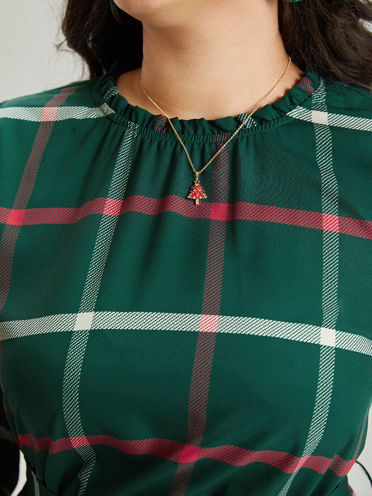 Plaid Stand Collar Gathered Belted Dress