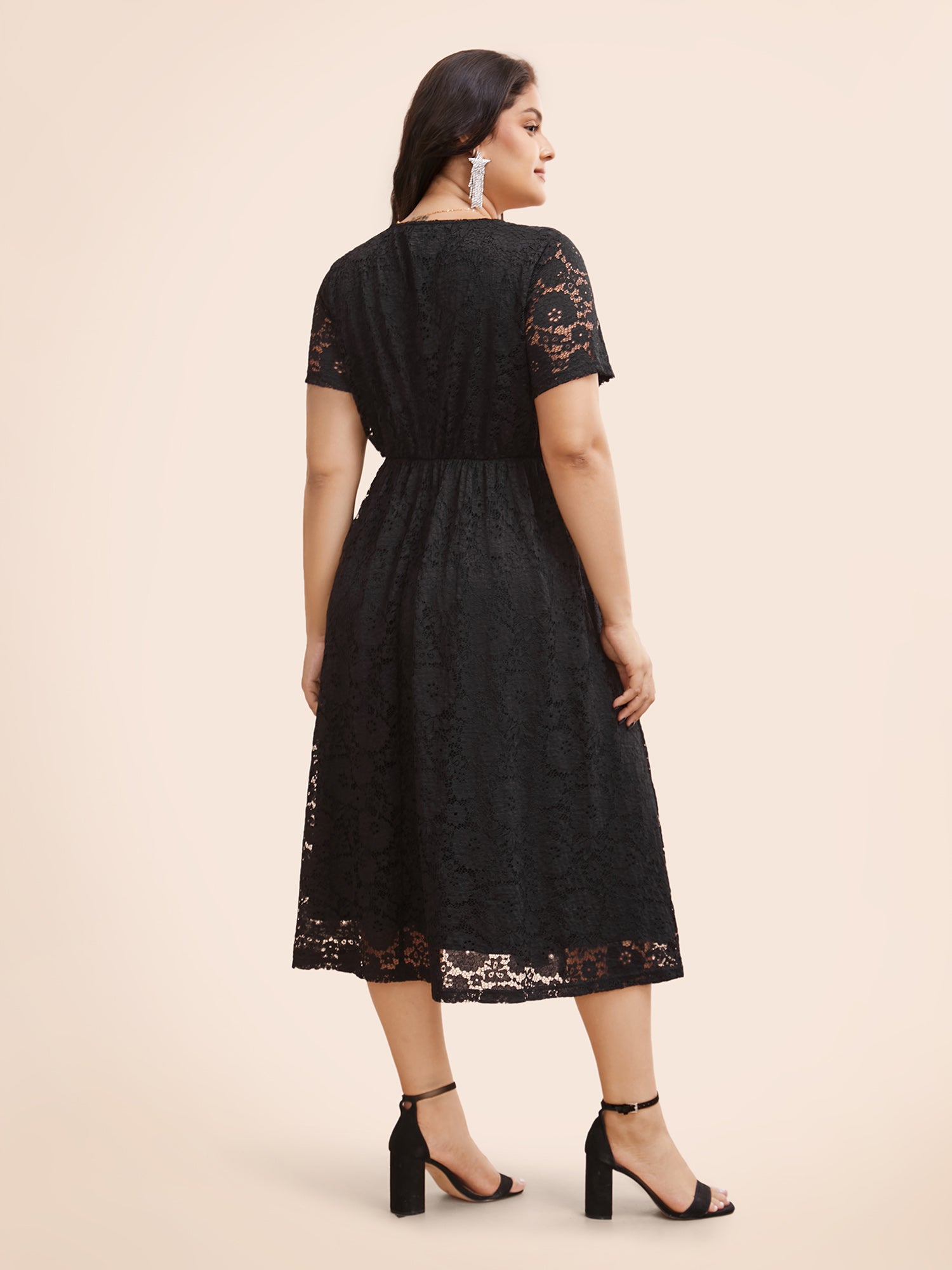 Square Neck Lace Mesh Midi Dress