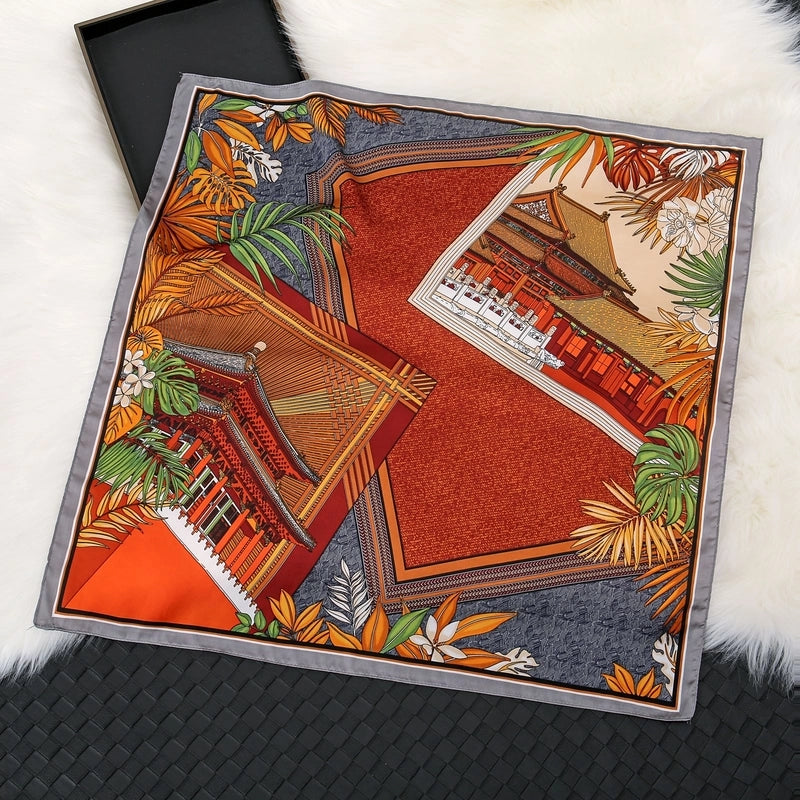 Women's Elegant Color Block Flower Satin Silk Scarf Kerchief