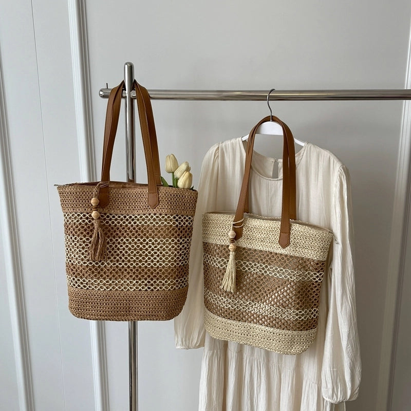 Women's Large Straw Color Block Beach Classic Style Weave Bucket Zipper Shoulder Bag