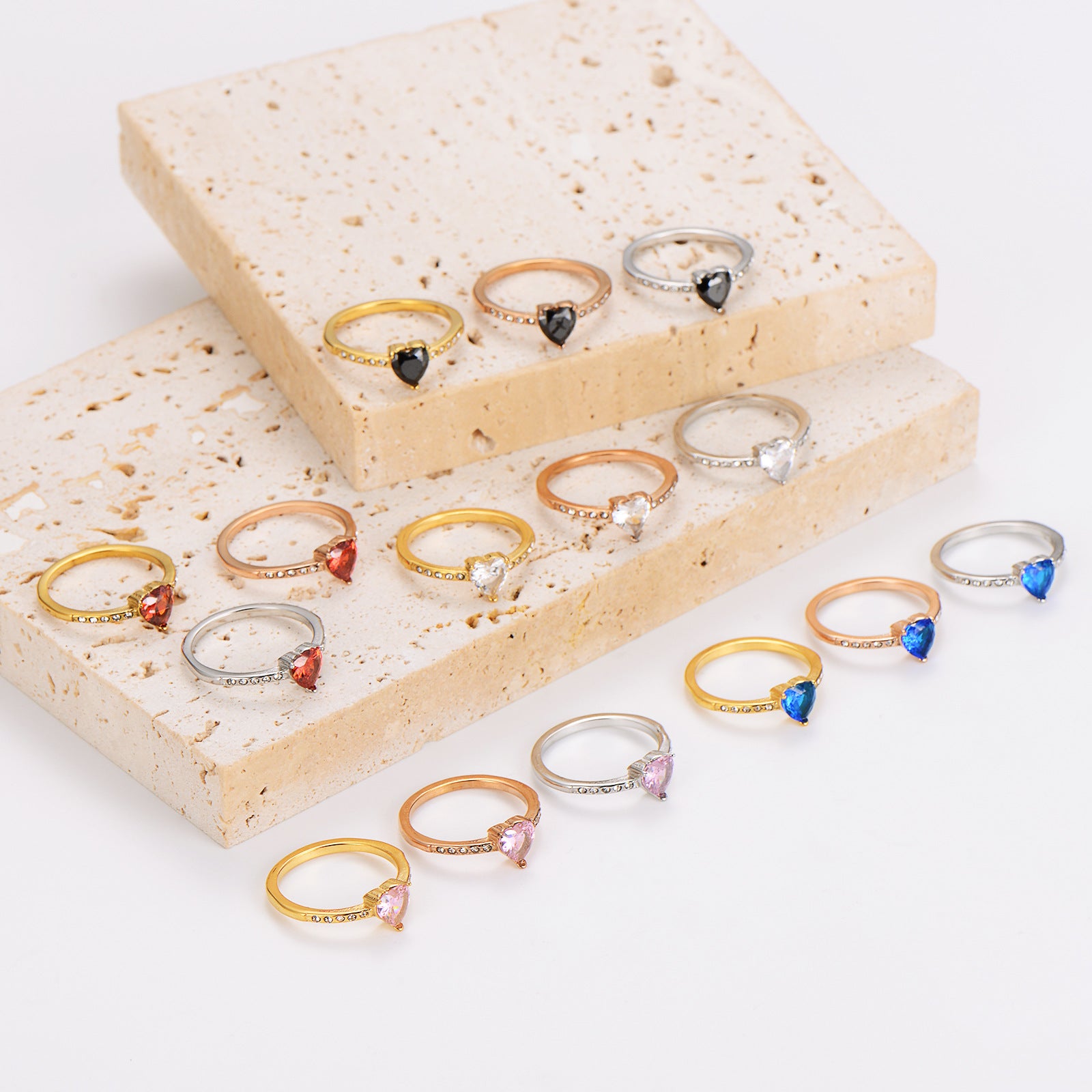 Aml Stainless Steel Inlaid Heart Zircon Colored Diamond Ring All-Match Ring
