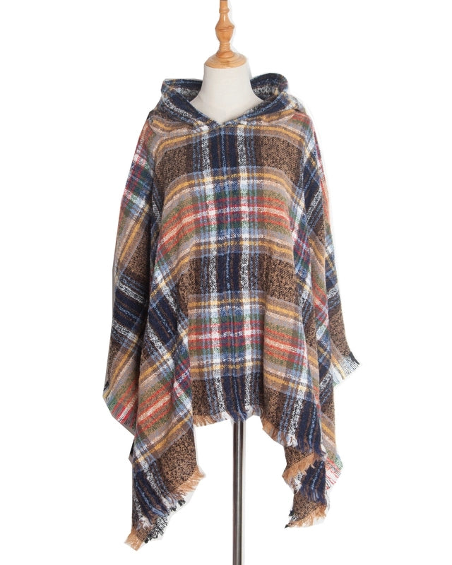 Direct New Cape Europe And The United States Spring And Autumn And Winter New Barbed Wool Pullover Plaid Hat Cape Shawl