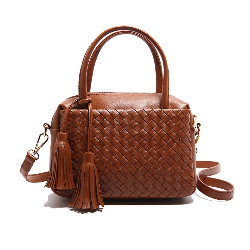 Women's Pu Leather Solid Color Basic Tassel Weave Square Zipper Handbag Crossbody Bag