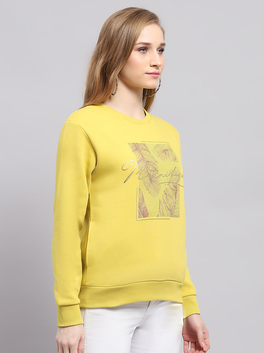 Women Yellow Printed Round Neck Full Sleeve Sweatshirt