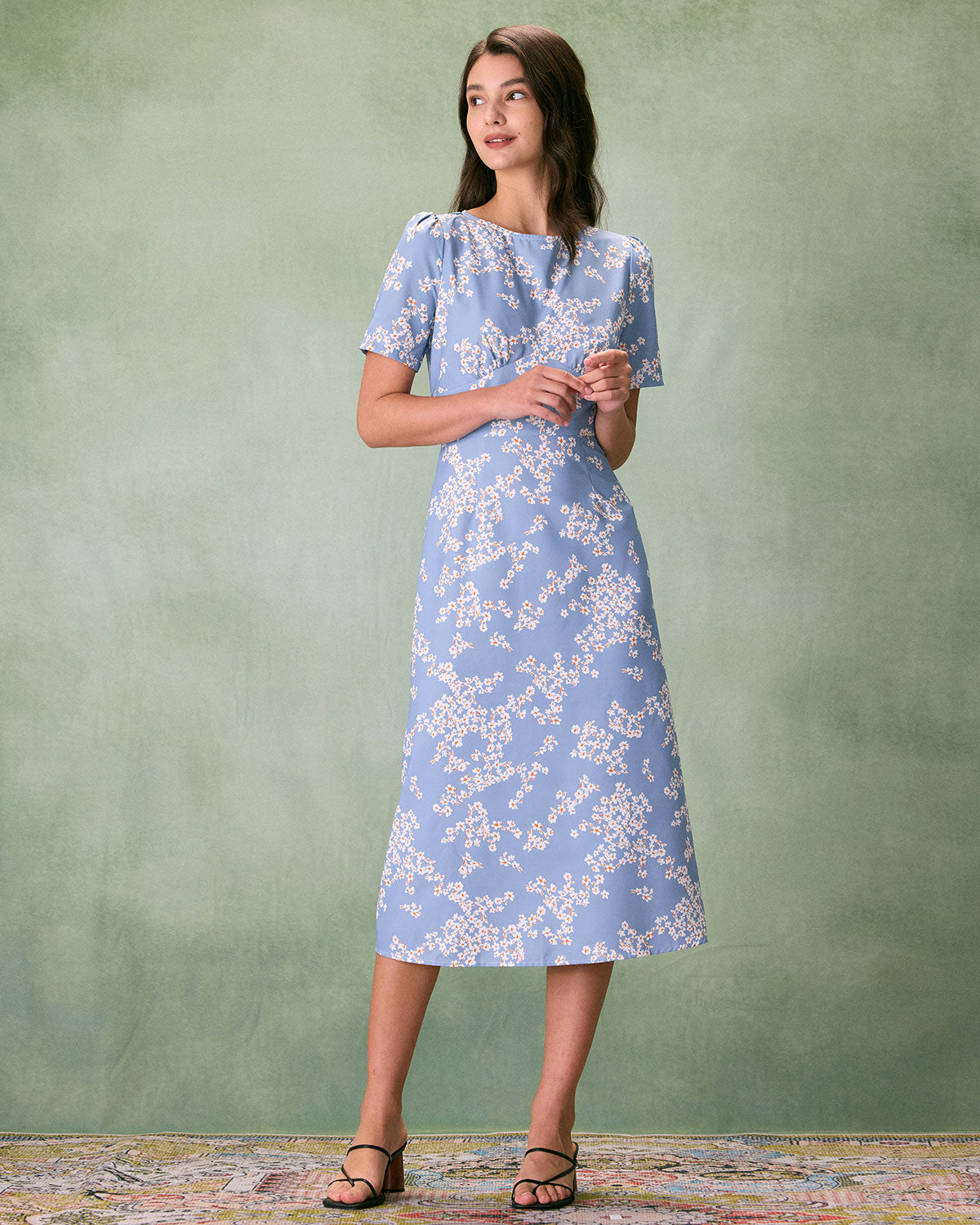 The Blue Round Neck Floral Midi Dress