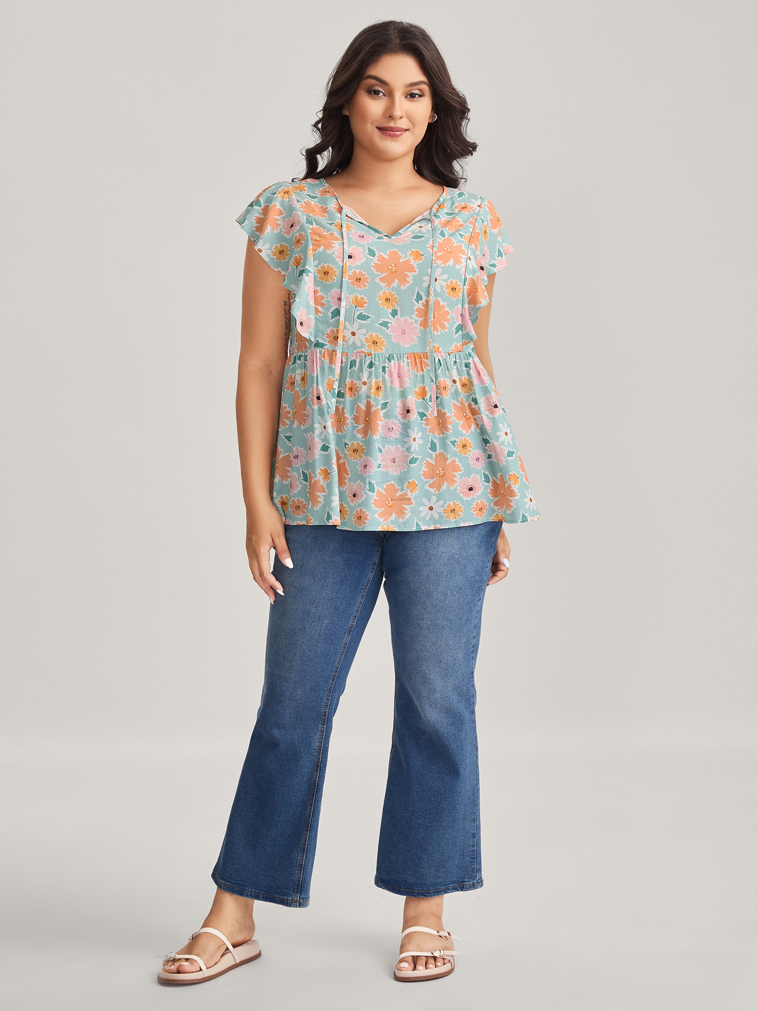 Floral Print Ruffled Sleeve Blouse