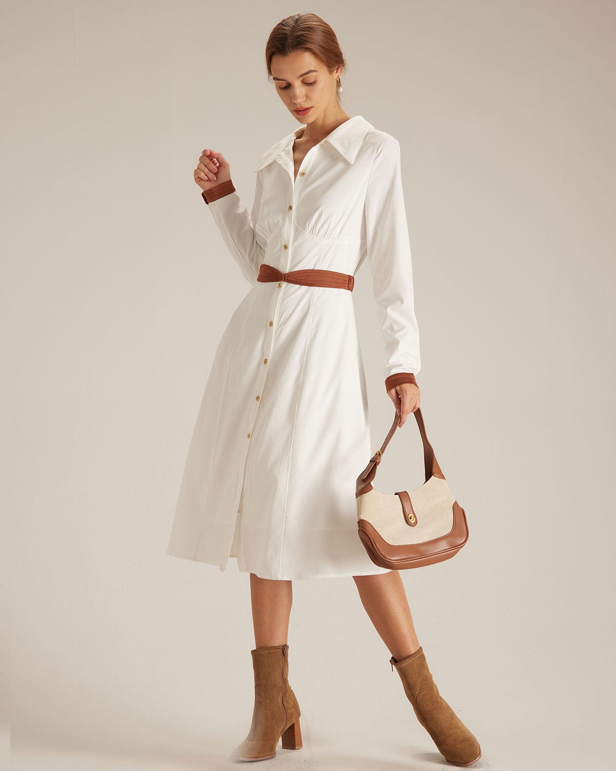 The White Colorblock Belted Shirt Midi Dress