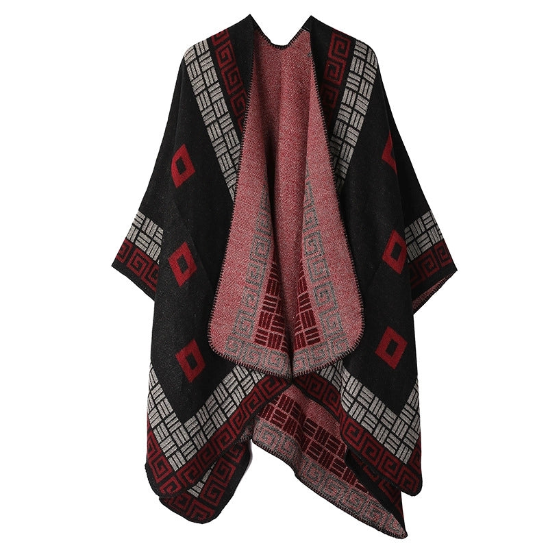 Winter Cashmere Double-sided Plaid Shawl Women's Outer Cape Increased Thickness Warm Knitted Scarf Spot