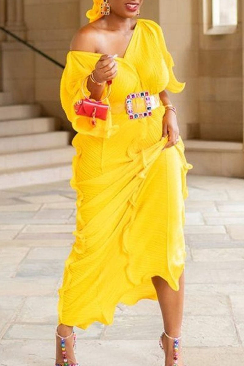 Elegant Solid Patchwork Flounce With Belt V Neck One Step Skirt Dresses