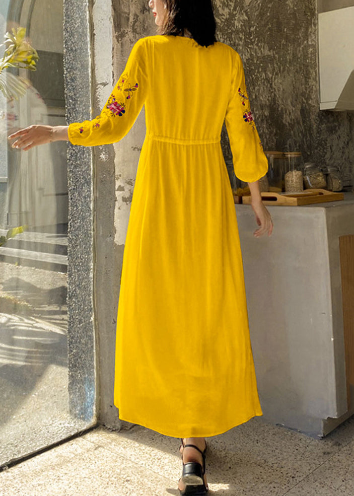 Bohemian Yellow Embroidered Tie Waist Cotton Vacation Dresses Bracelet Sleeve