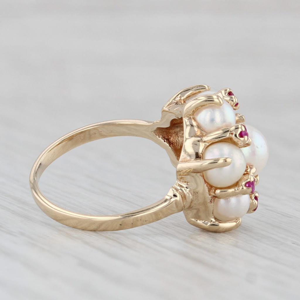 Cultured Pearl Lab Created Ruby Cluster Ring 14k Yellow Gold Size 5