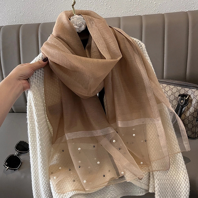 Women's Minimalist Color Block Satin Pearl Silk Scarf