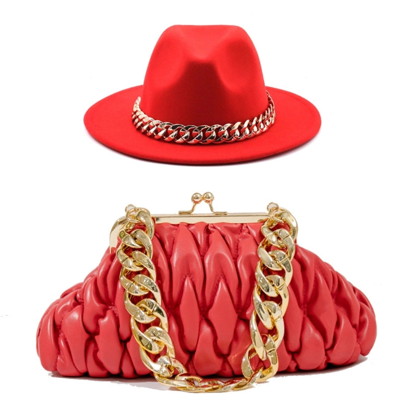 Women's British Style Solid Color Chain Flat Eaves Fedora Hat
