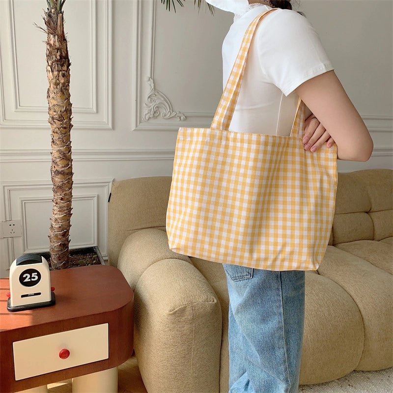 Large Capacity Plaid Canvas Bag Shopping Bag Student Shoulder Handbag Vintage Tote Bag