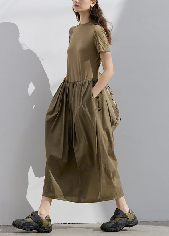 New Dark Khaki Pockets Wrinkled Patchwork Cotton Dresses Summer