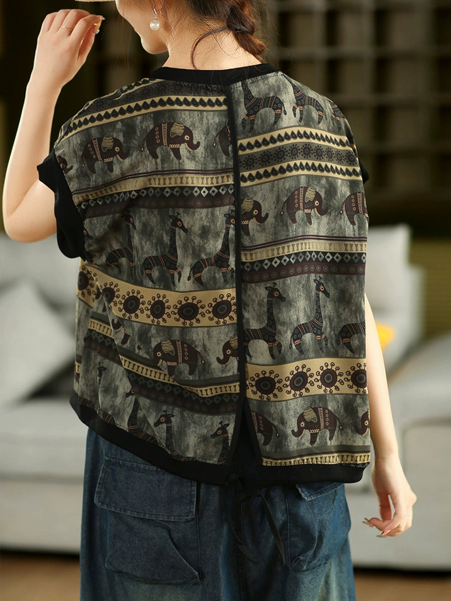 Women Summer Vintage Elephant Giraffe O-Neck Shirt