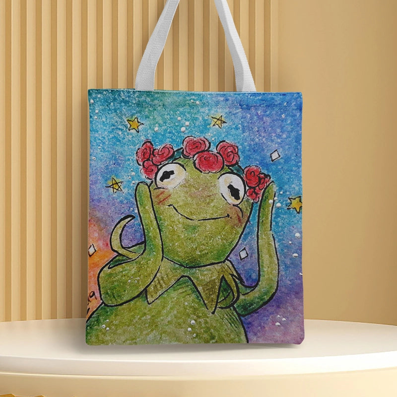 Women's Canvas Cartoon Frog Basic Classic Style Square Open Canvas Bag