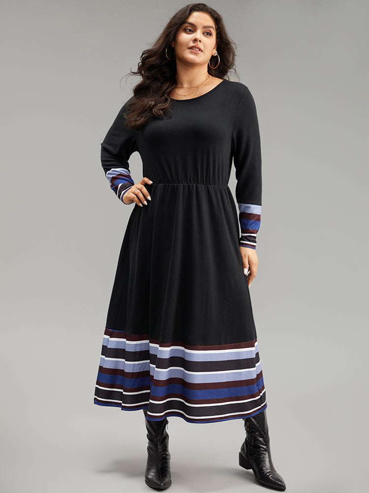 Striped Patchwork Contrast Crew Neck Dress
