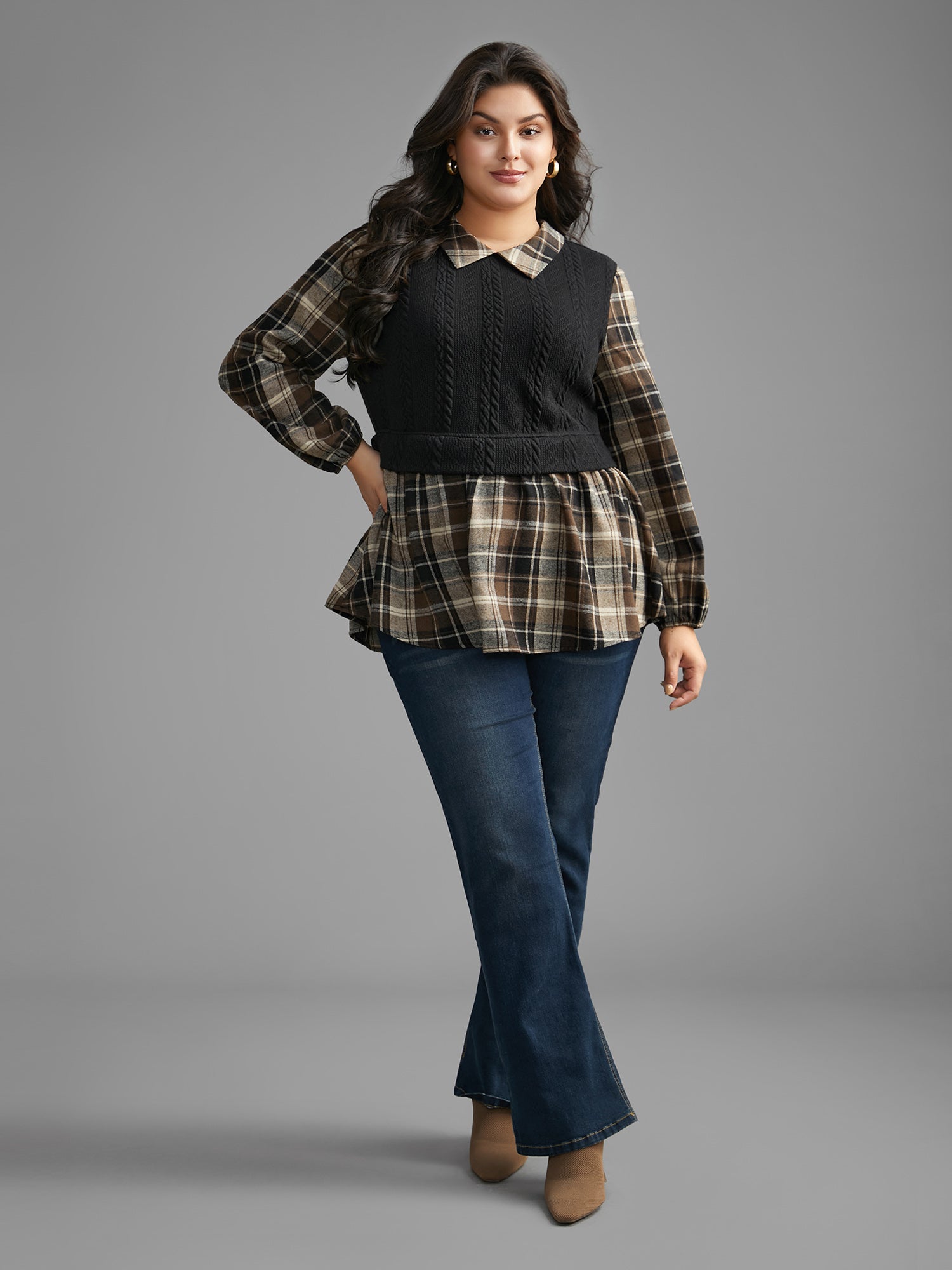 Plaid Patchwork Texture Lantern Sleeve Blouse