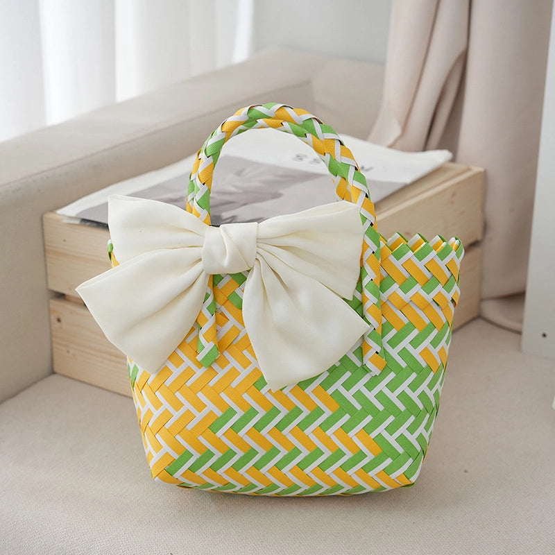 Women's Small PVC Stripe Bow Knot Cute Weave Square Open Handbag