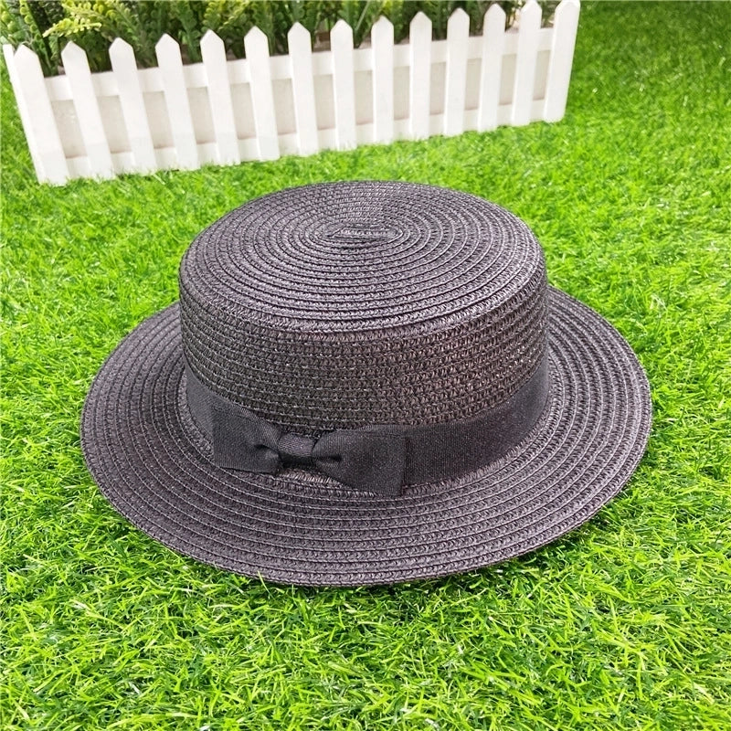 Straw Hat Shading Hat Summer Flat-brimmed Bow Straw Flat Top Hat