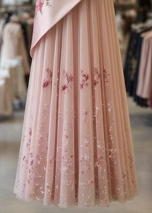 Beautiful Pink Print Wrinkled Tulle Patchwork Skirt Summer