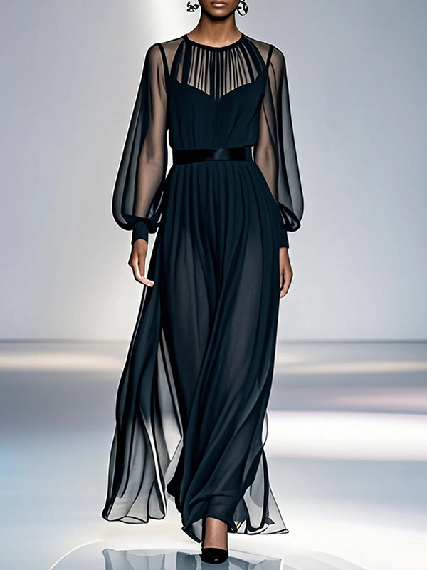 False Two Loose Gauze Pleated See-Through Round-Neck Maxi Dresses