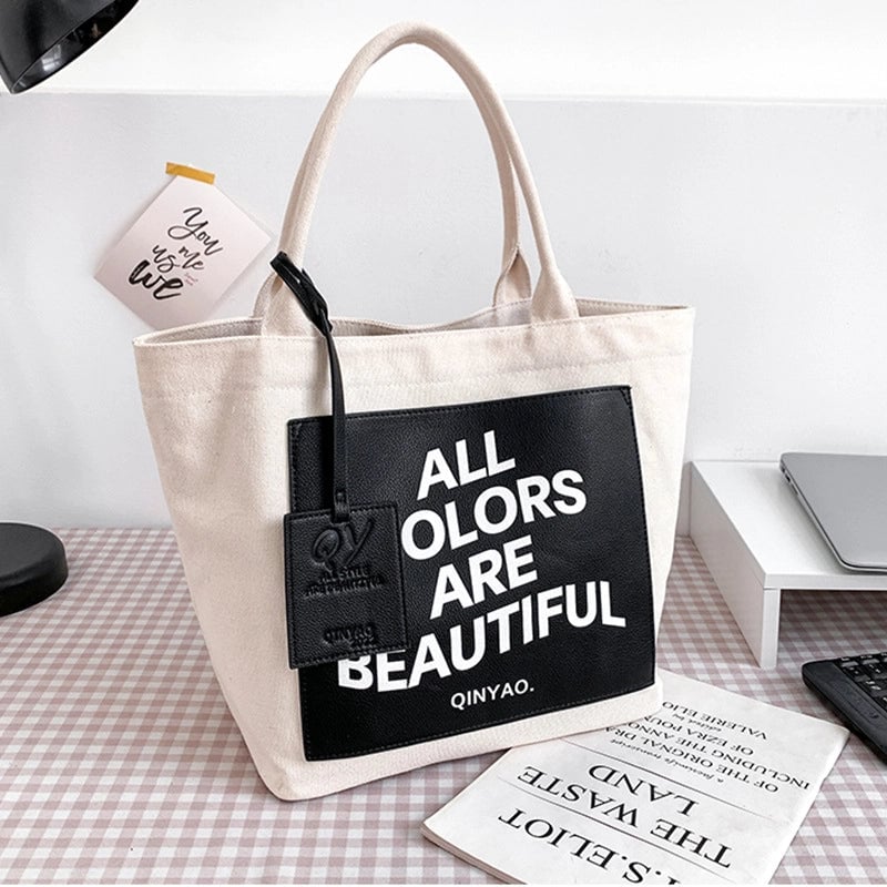 Women's Large Canvas Letter Streetwear Square Open Canvas Bag