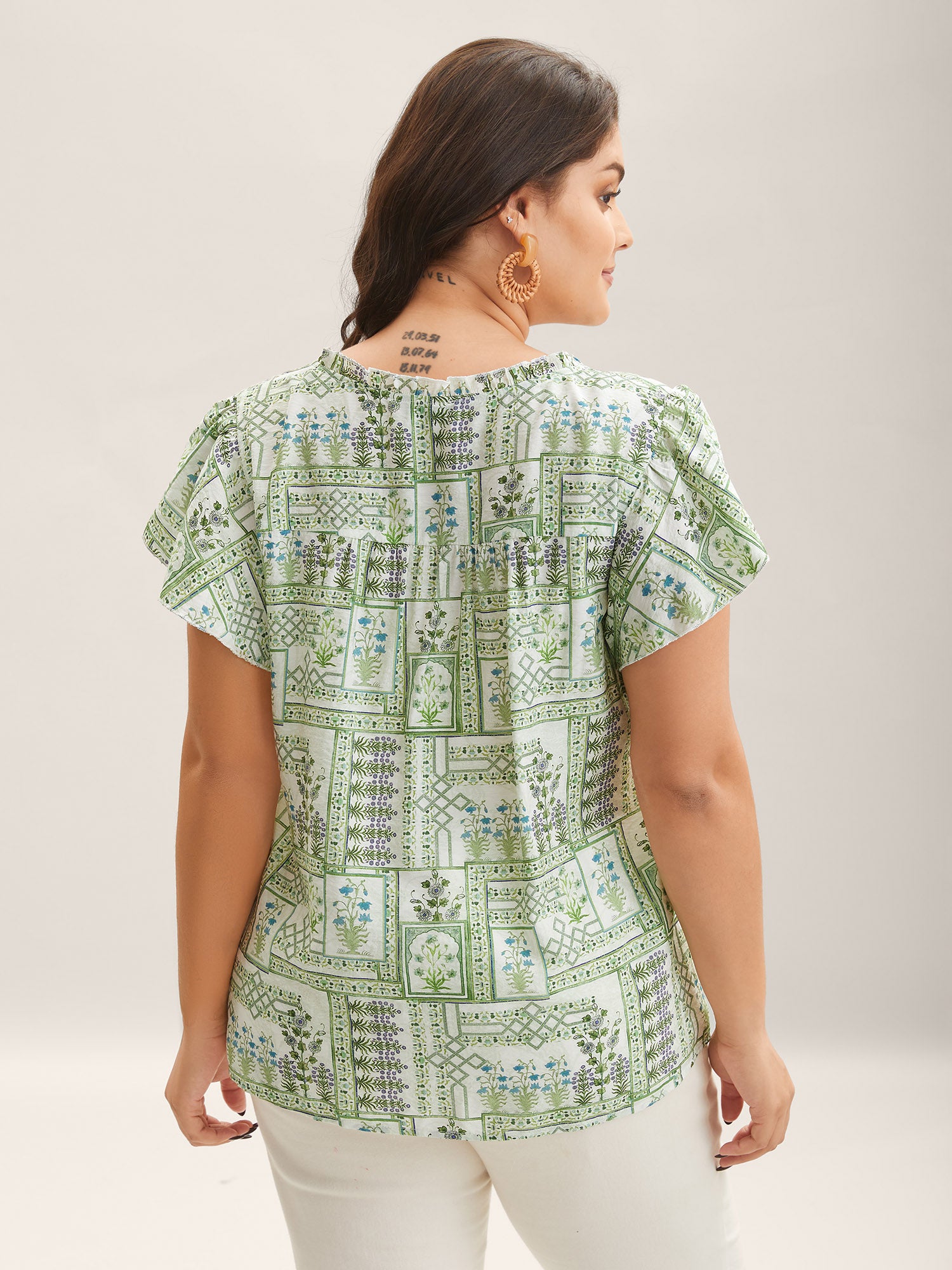 Serene Leaf Collage Flutter Sleeve Blouse
