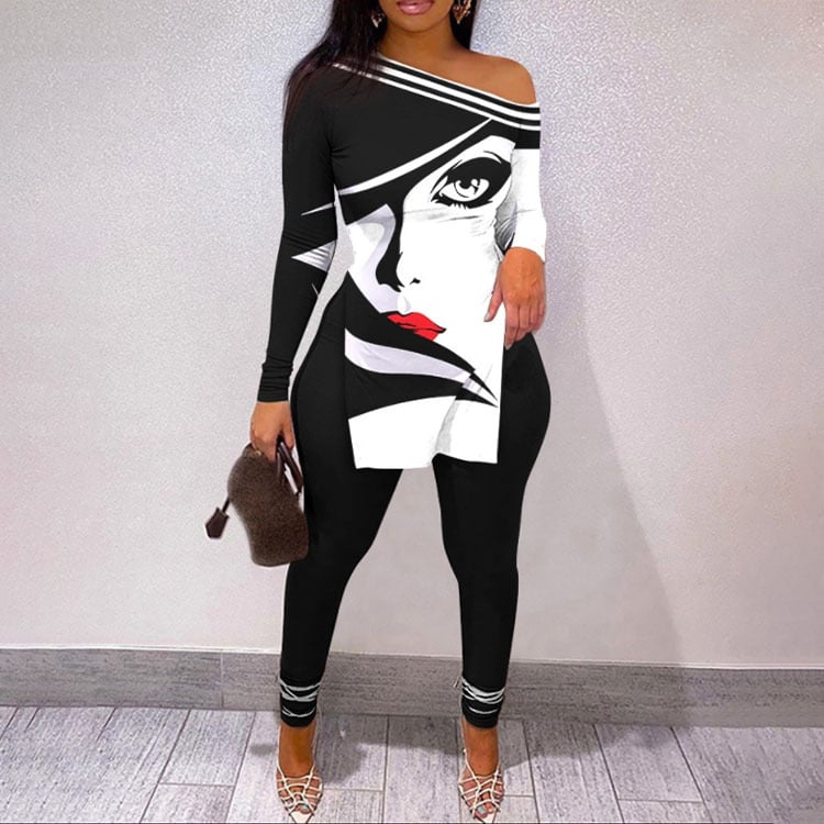 Women's Fashion Printed One Shoulder Long Sleeve Hem Slit Top Set