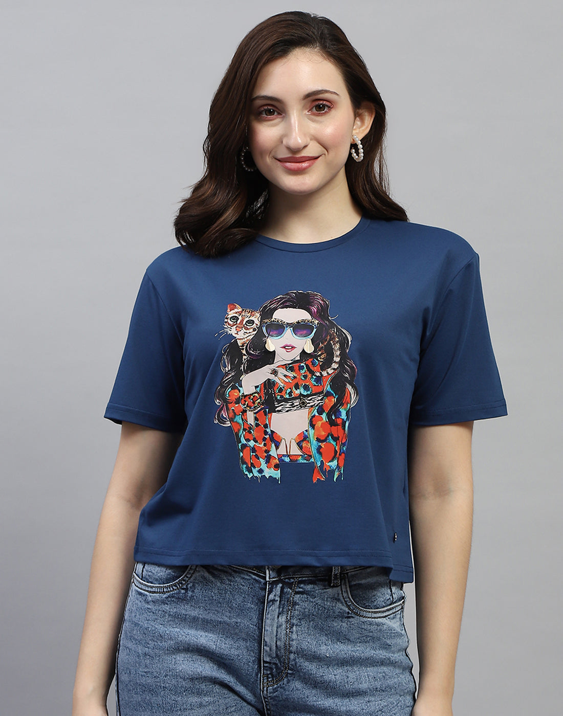 Women Blue Printed Round Neck Half Sleeve Top