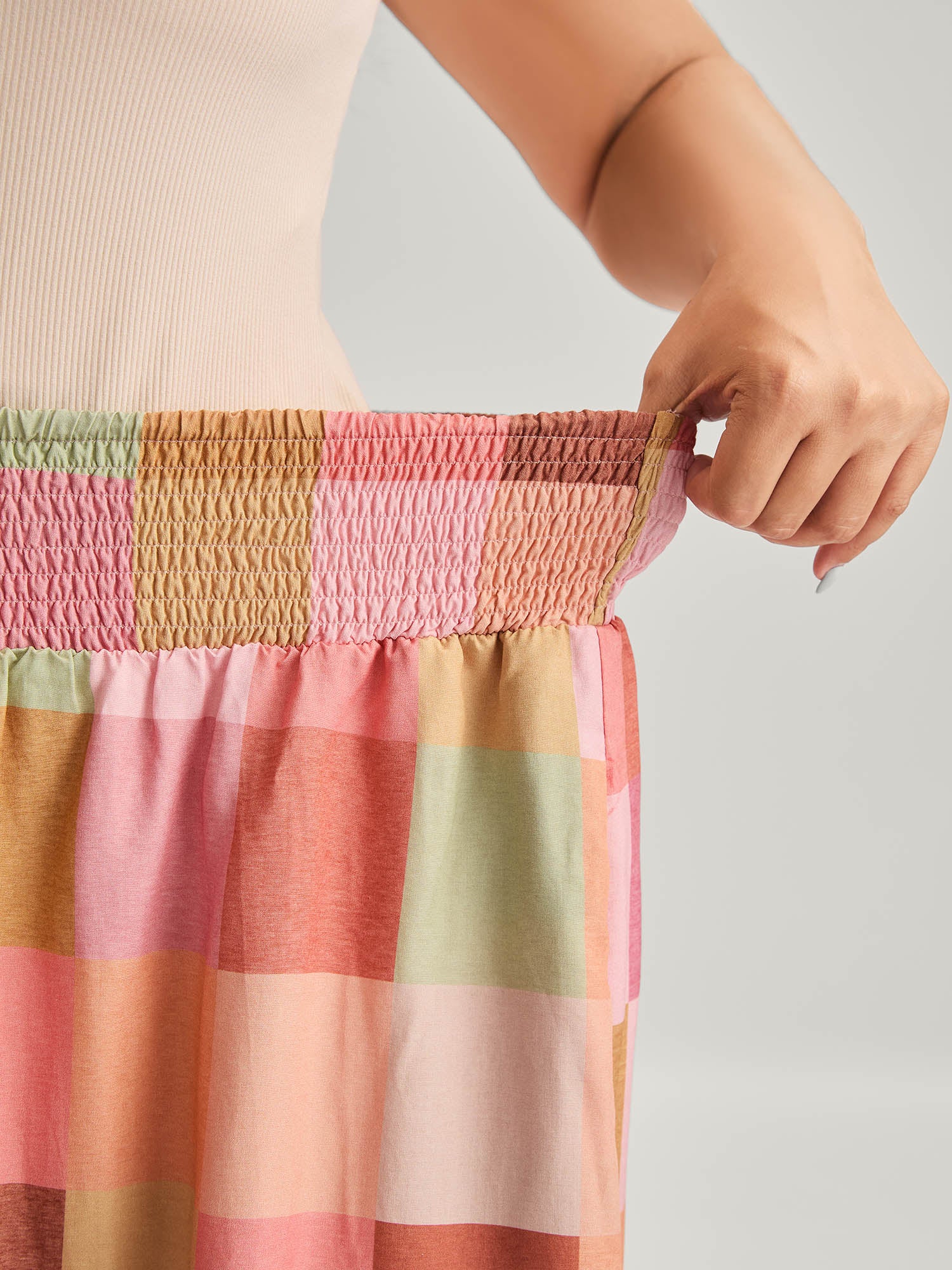 Colorful Patchwork Shirred Waist Midi Skirt