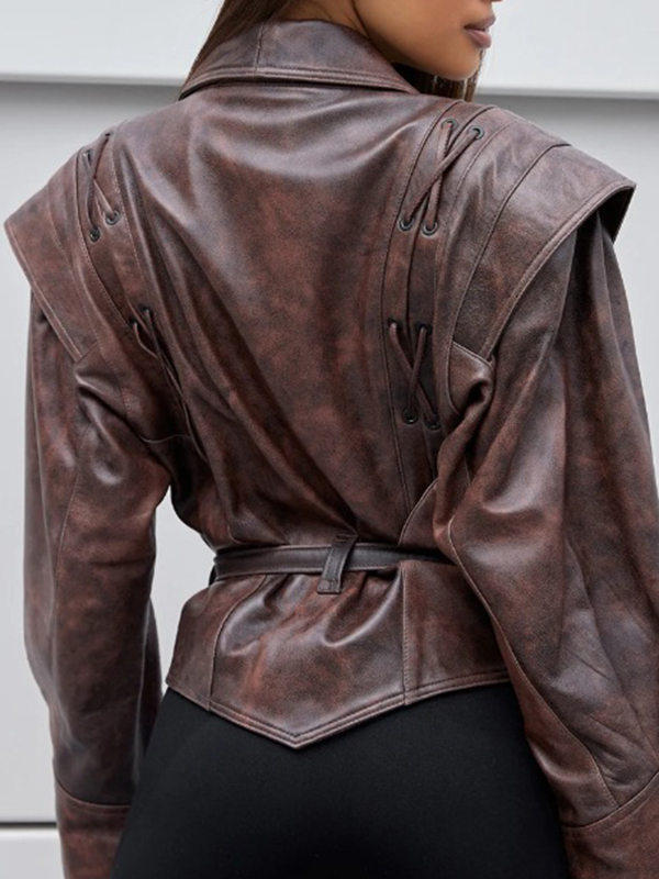 Long Sleeves Loose Split-Joint Tied Waist Lapel Jackets Outerwear