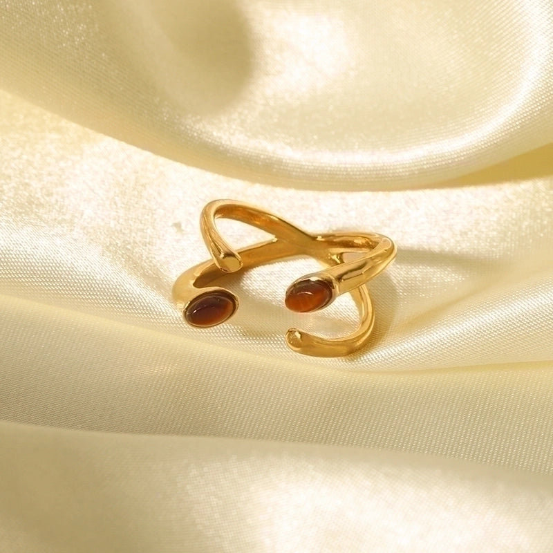 IG Style Retro Geometric 304 Stainless Steel Natural Stone Rhinestones Zircon 18K Gold Plated Polishing Plating Inlay Rings