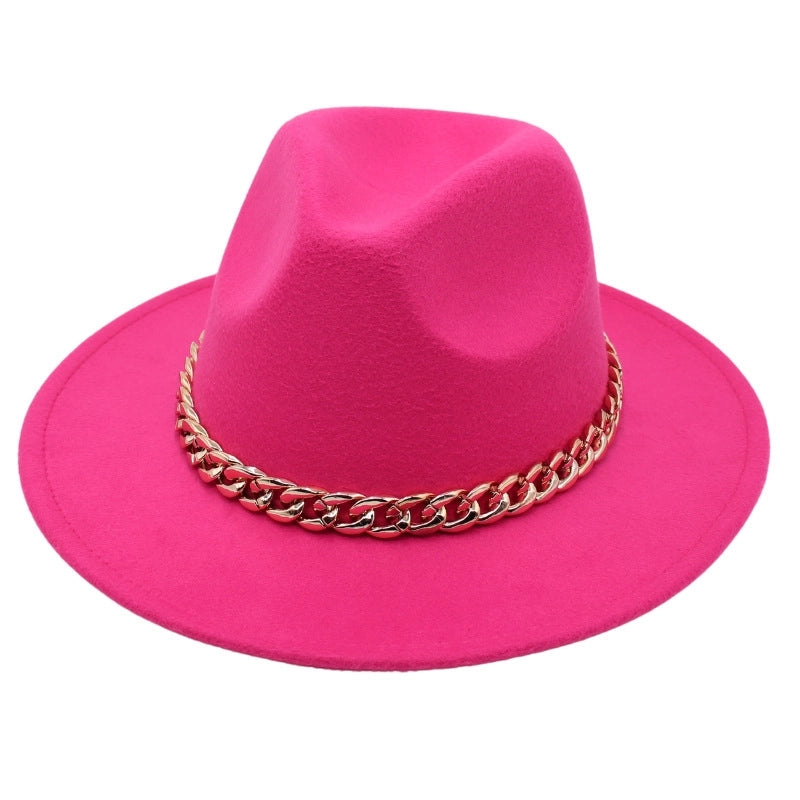 Chain Accessories Panama Hat Autumn And Winter  Jazz Woolen Hat Women's Fashion Big Brim Soft Felt Hat