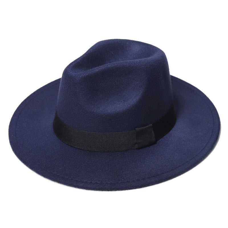 Autumn And Winter New Square Ribbon Panama Top Hat British Style Flat Rim Jazz Hat Woolen Hat Men