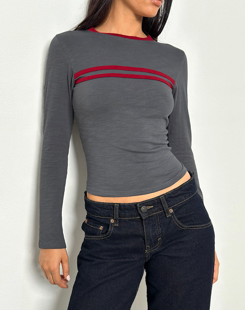 Bonjita Long Sleeve Top in Storm Grey with Adrenaline Red Binding