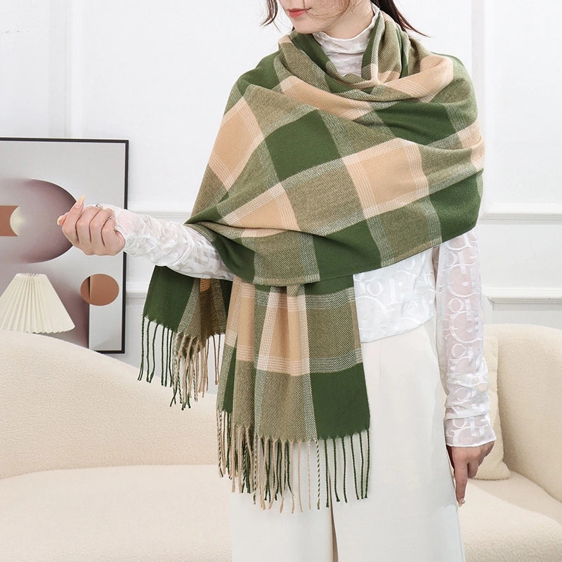 New Cashmere Scarf Women's Double Plaid Shawl Autumn And Winter Warm Tassel Long Couple Scarf