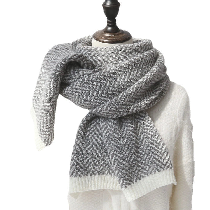 New Scarf Women's Winter Contrast Color Herringbone Pattern Knitted  Fashion Couple Color Matching Knitted Thickened Warm Scarf
