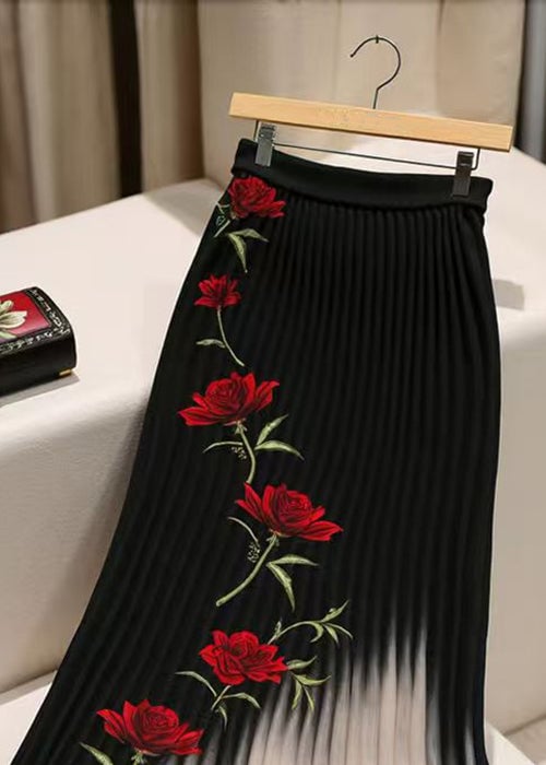 French Black Print Wrinkled Elastic Waist Chiffon Skirt Spring