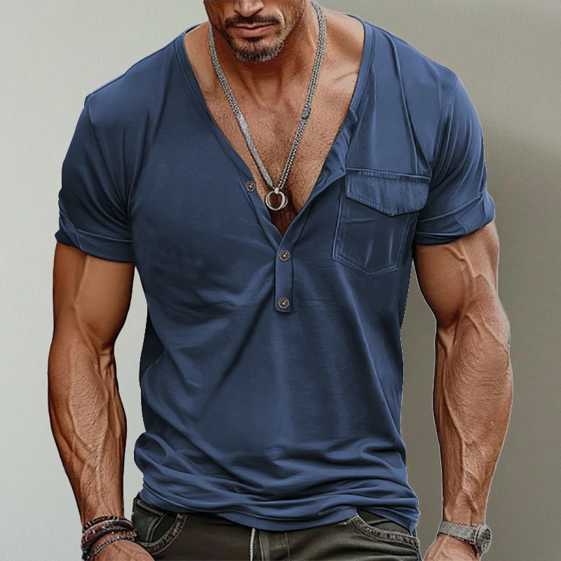Casual V-Neck Solid Color Single Pocket Short-Sleeved T-Shirt