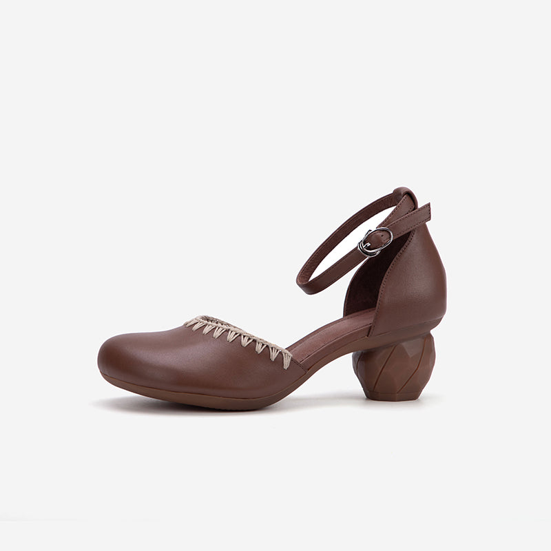 Handmade Woven Leather Sandals Closed Toe 58mm Cylinder Heel Shoes with Ankle Strap in Yellow Brown/Coffee