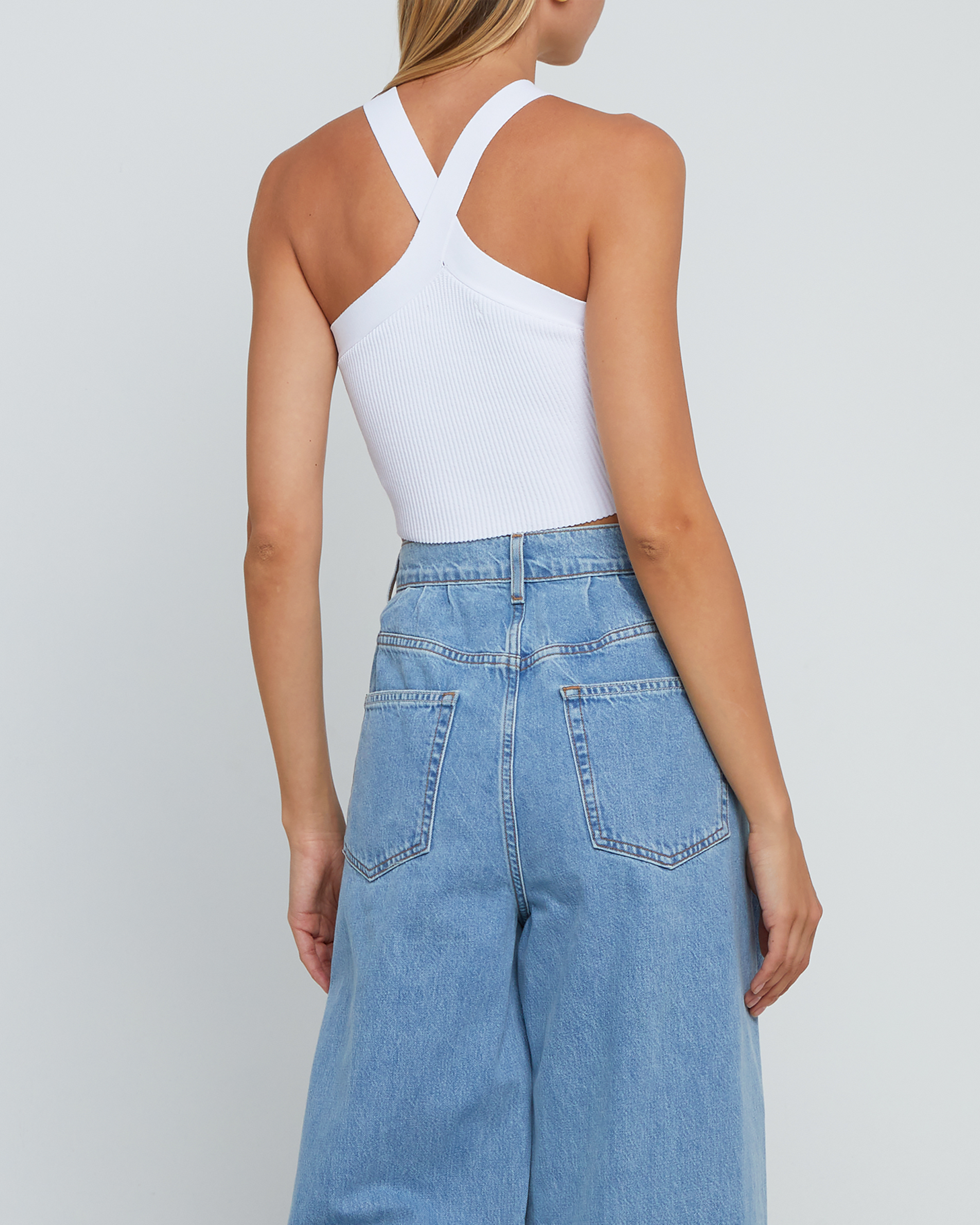 Sculpting Knit Criss Cross Cropped Halter Tank