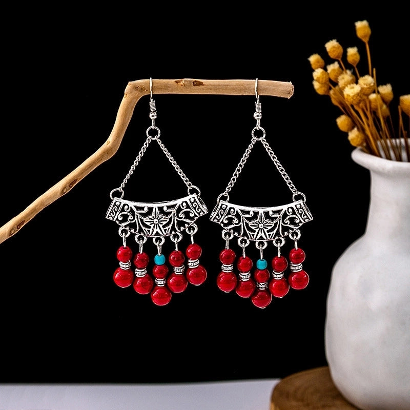 Bohemian Blue Turquoise National Style Earrings Imitation Miao Silver Metal Earrings Vintage Tassel Earrings