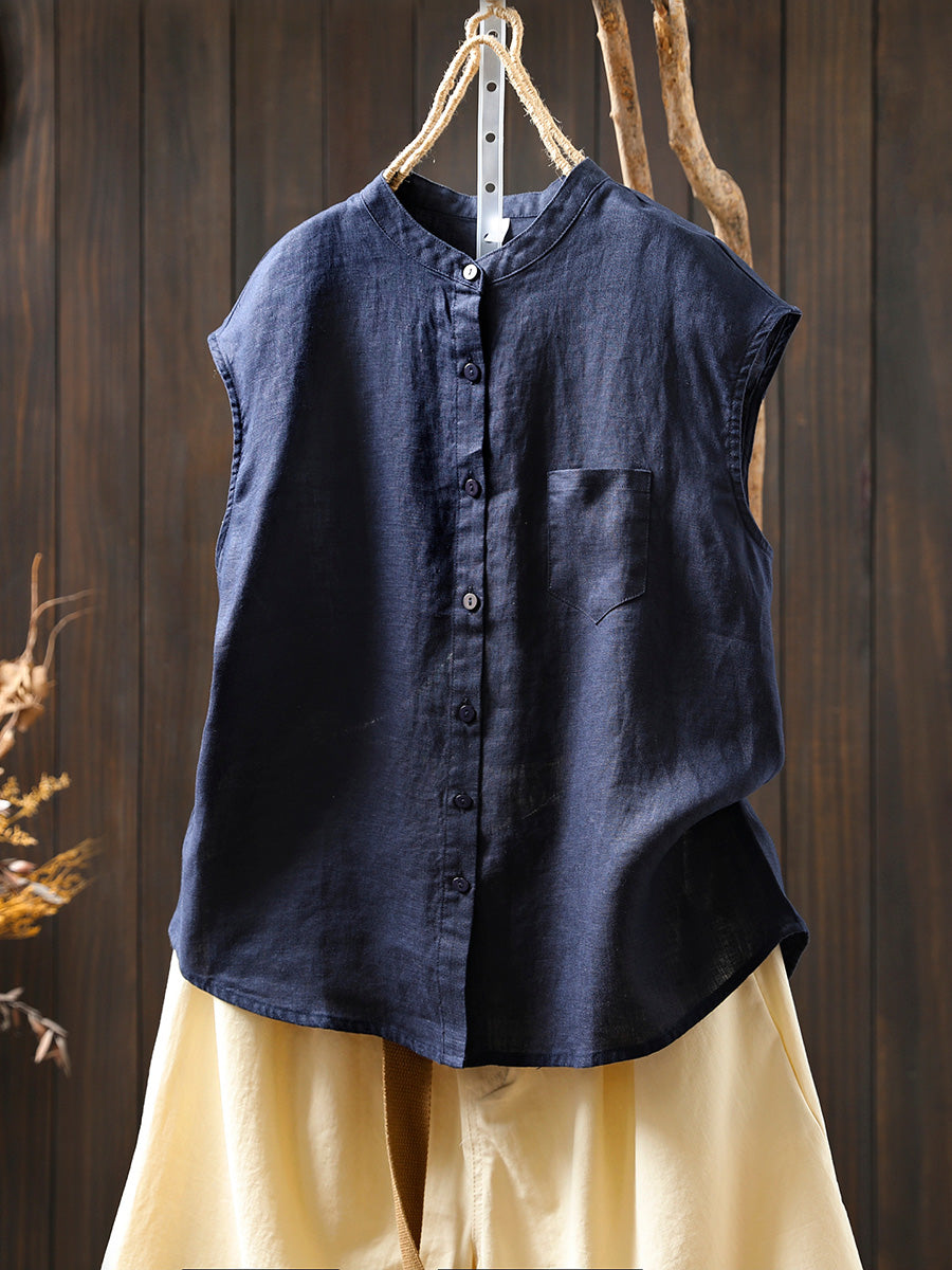 Women Summer Casual Pure Color Stand Collar 100%Linen Shirt