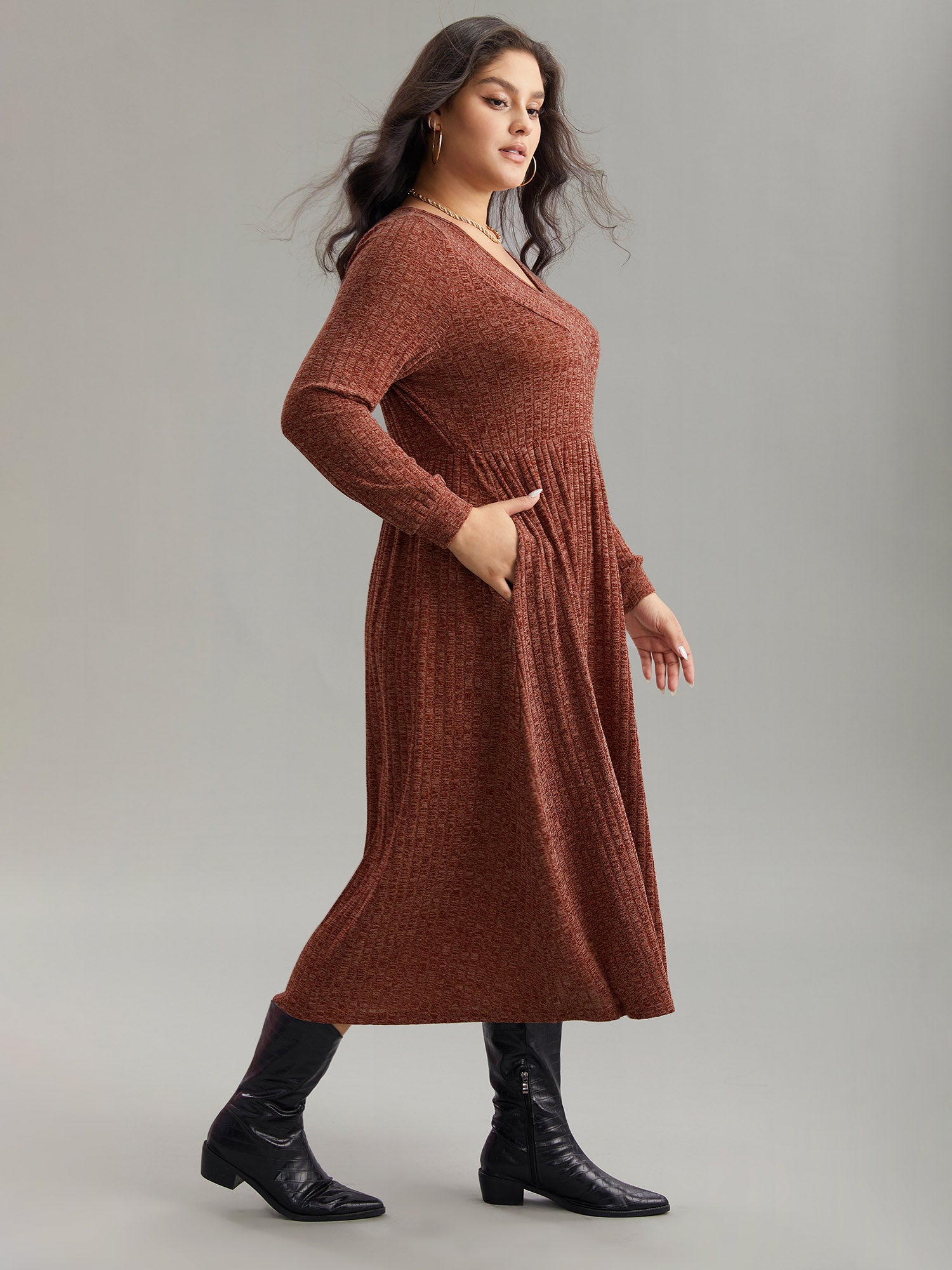 Rib Knit Plain Plisse Long Sleeve Dress