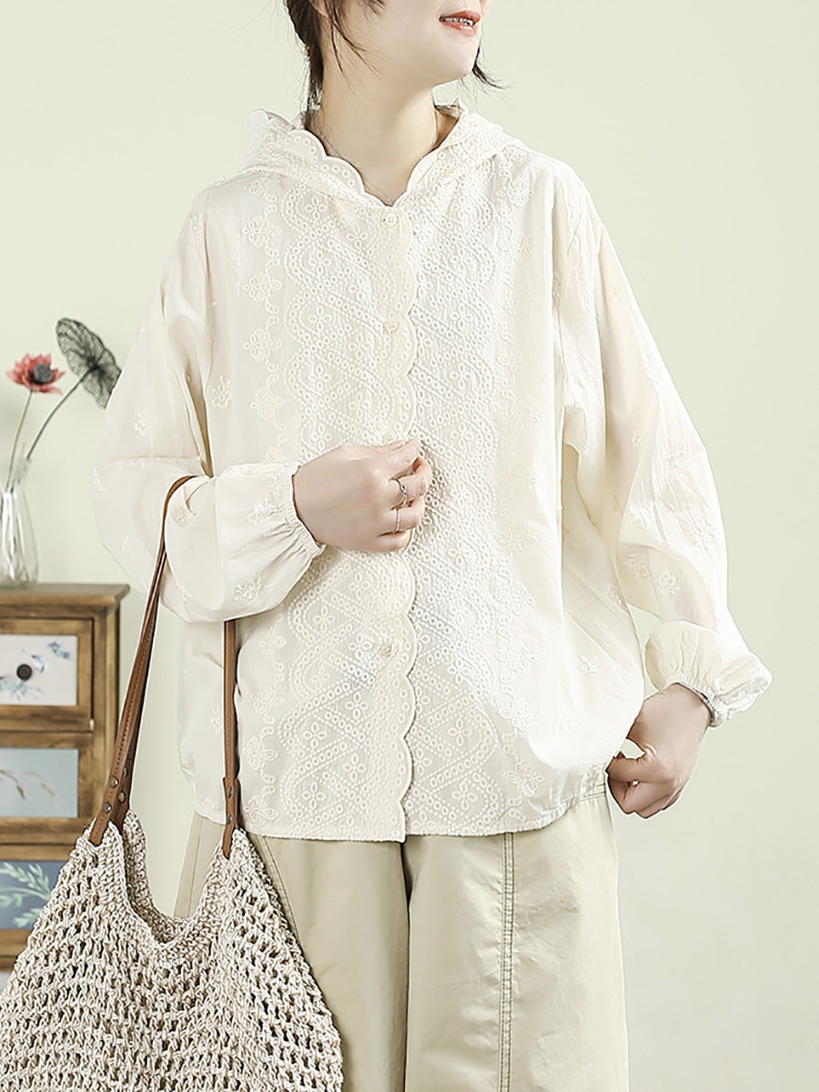 Women Summer Artsy Embroidery Hooded 100%Cotton Shirt