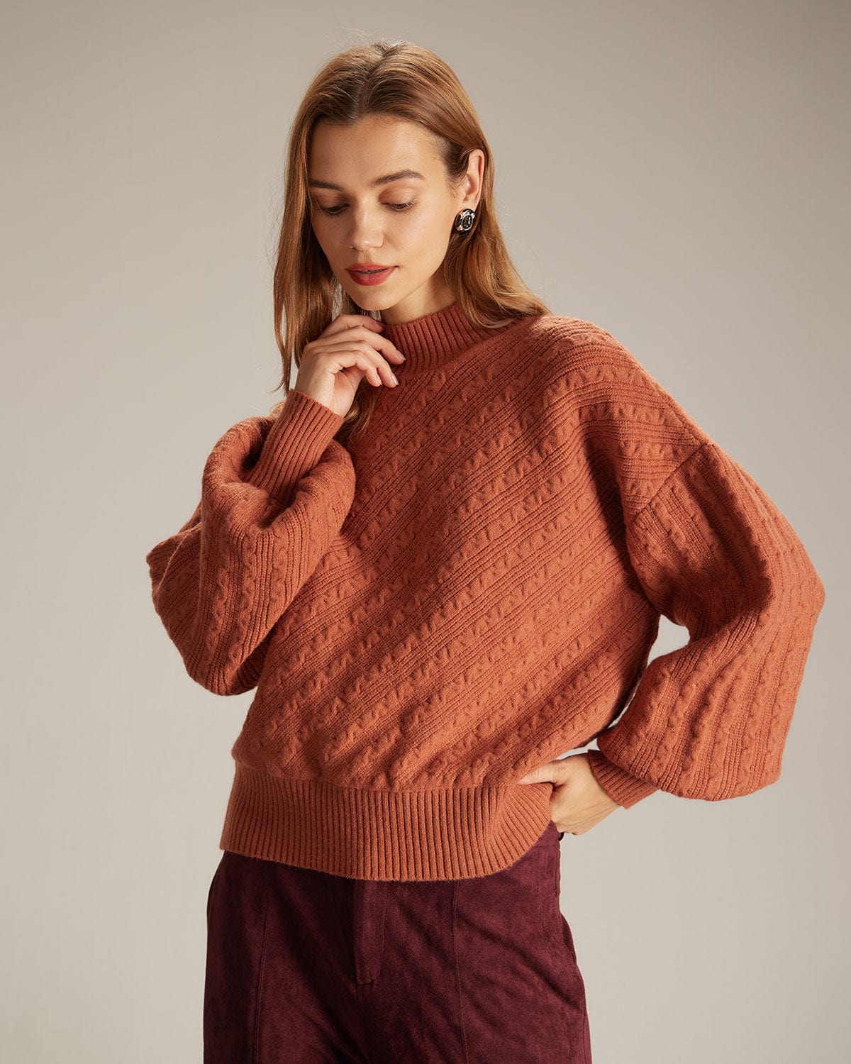 The Orange Mock Neck Drop Shoulder Sweater